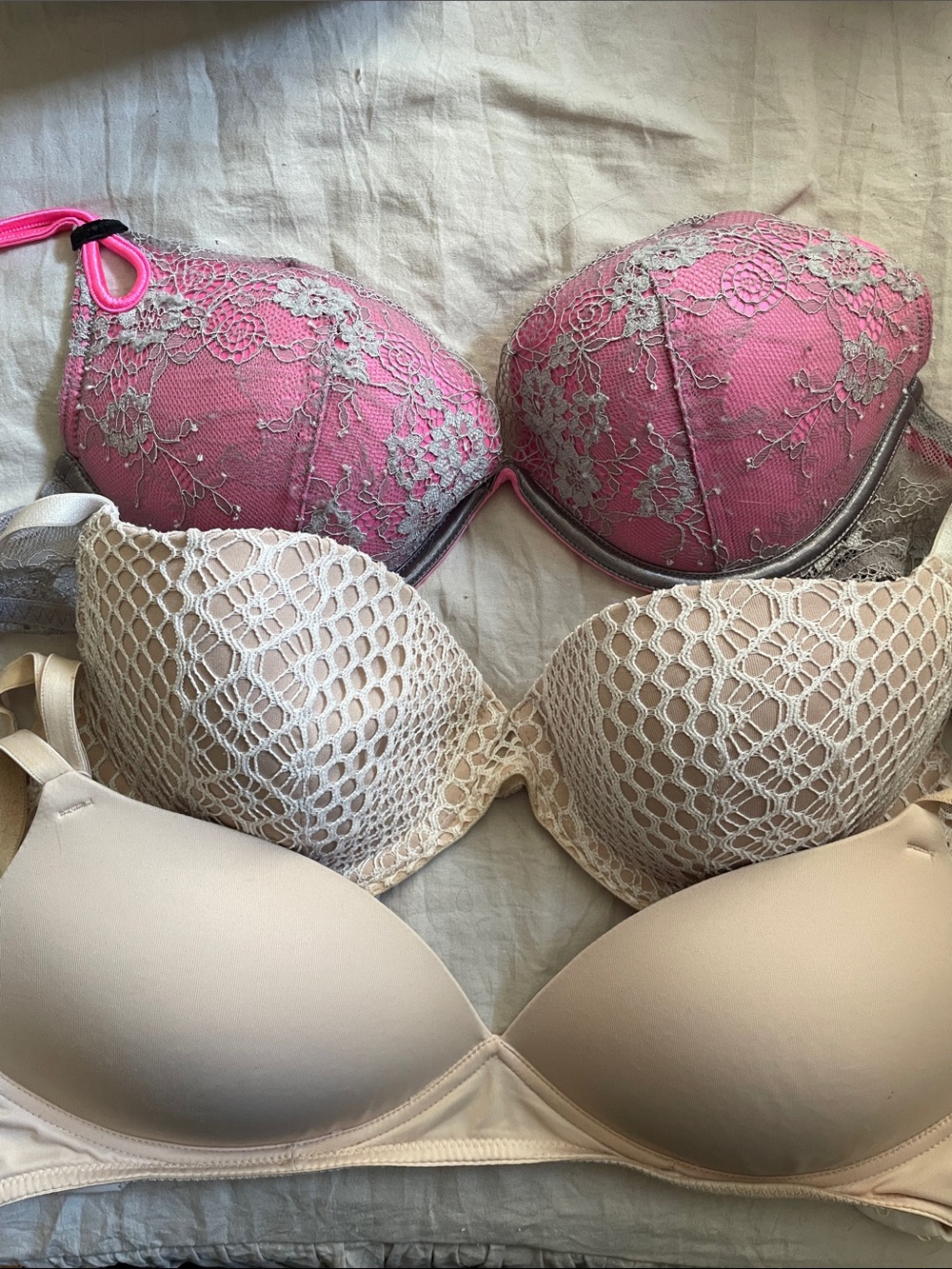 Victoria's Secret Pink Lace & Cream Bra Trio